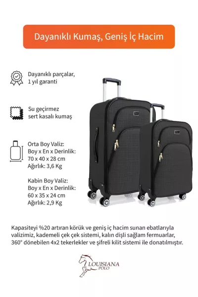 Orta Ve Kabin Boy Valiz Seti 4 Teker Kumaş Valiz Antrasit 