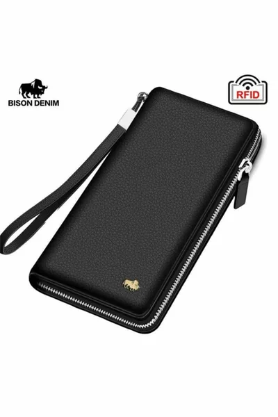 محفظة بطاقات رجالية من الجلد الطبيعي مع سحّاب ودرزات أكورديون، محمية بتقنية RFID