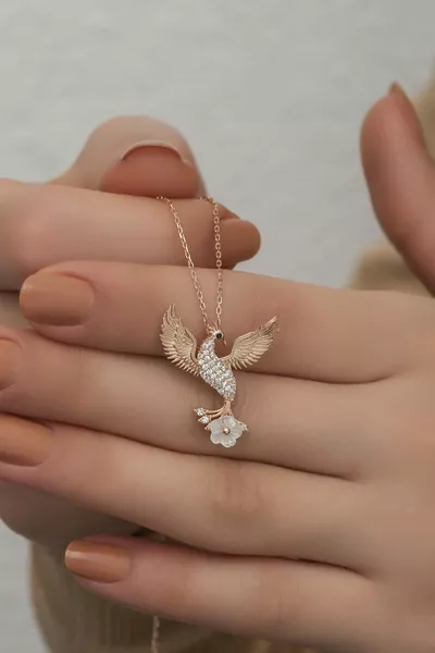  Sterling Silver Magnolia Flower Detailed Emerald Phoenix Necklace