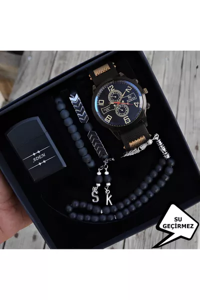 مجموعة ساعة يد رجالية مقاومة للماء مع تقويم، ولاعة، مسبحة، وسوار