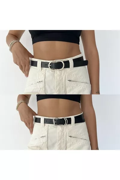 حزام أسود نسائي مزدوج الإبزيم بتفاصيل مزدوجة