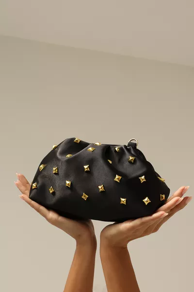 Black Satin Clutch Evening Bag with Gold Stones