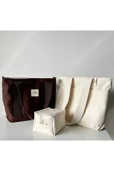 طقم 3 قطع من حقائب اليد والكتف النسائية من الكانفاس وحقيبة المكياج