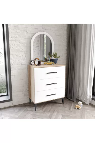 3 Çekmeceli Şifonyer Aynalı Tamamı Mdf  Flora Beyaz