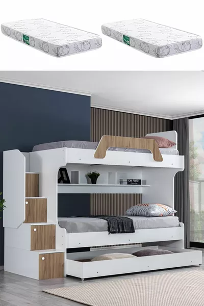 Bunk Bed, Pearl Bunk Bed with Cradle - Walnut 2 Pieces Comfort Mattress