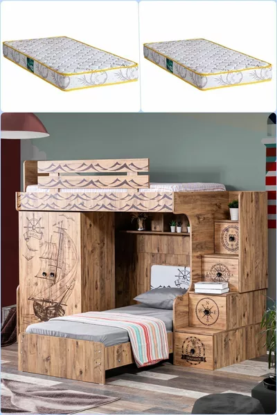 Bunk Bed, Captain Bunk Bed Wardrobe 2 Comfort Mattresses