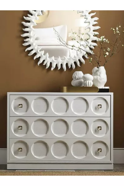 خزانة بيضاء بثلاثة أدراج – منضدة جانبية مصقولة بنقشة شقتها حديثة، وحدة تخزين بمقابض ذهبية