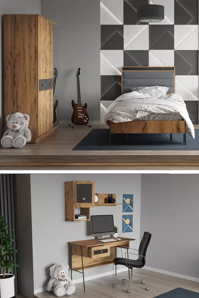 Arya Youth Bedroom Set Bed + Headboard & Wardrobe & Desk & Wall Shelf - Atlantic Pine