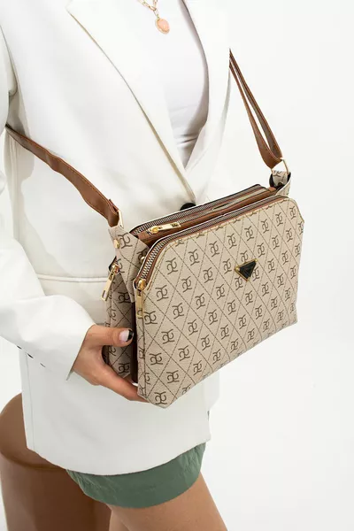 SAC DE QUALITÉ À BANDOUILIÈRE CROISÉE AVEC TROIS COMPARTIMENTS, À MOTIF CREVETTE, BEIGE ET MARRON