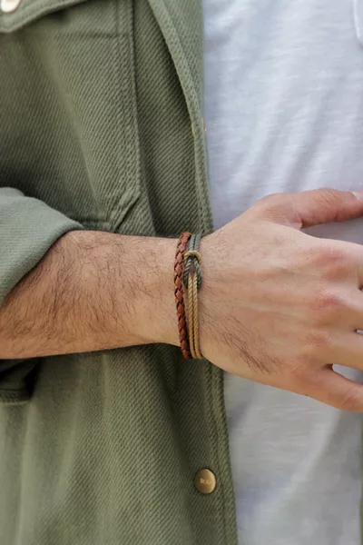Genuine Leather Bracelet Woven (Olive & Tan Rope) - Unisex