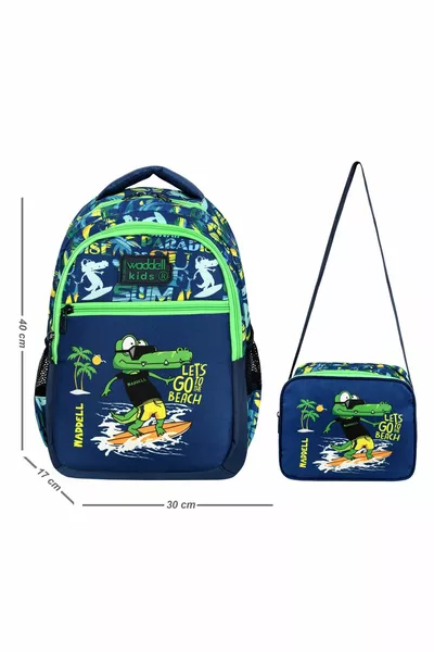 Licensed Green Crocodile Pattern Boys' Primary School Backpack and Lunch Bag