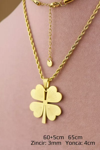 قلادة من الصلب - قلادة ذهبية بطرف ورقة البرسيم غير القابل للصدأ، موديل صائغ، طول +5 سم