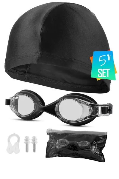 5-Piece Swimming Set – Goggles with Case + Swim Cap + Ear & Nose Plugs