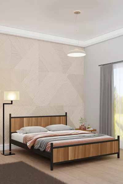 Gm  Modern Çift Kişilik Ahşap Metal Siyah Ceviz Karyola 