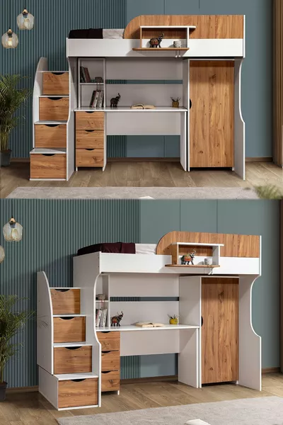 Bunk Bed, Litera Bunk Bed Wardrobe Desk, White-Dark Walnut