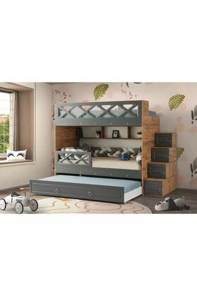 Mars Etagenbett mit Schubladen in Anthrazit & Holz, Stahlgestützt, Membranbeschichtung, 100 % MDF