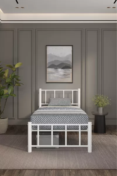 سرير معدني من الحديد المطاوع فردي زنبق أبيض