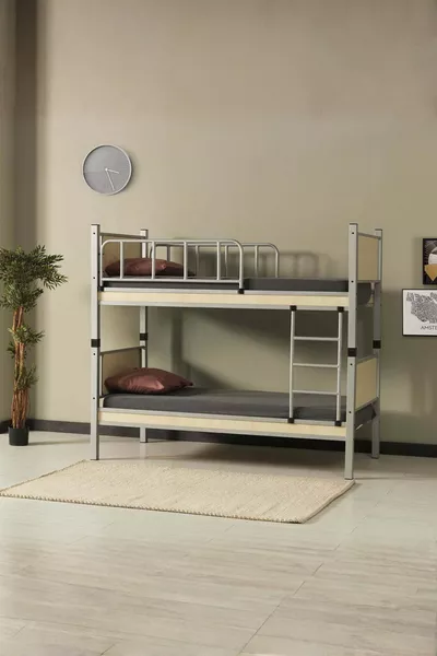 غرفة نوم الأطفال للشباب من المعدن والخشب سرير بطابقين وسرير مفرد باللون الرمادي