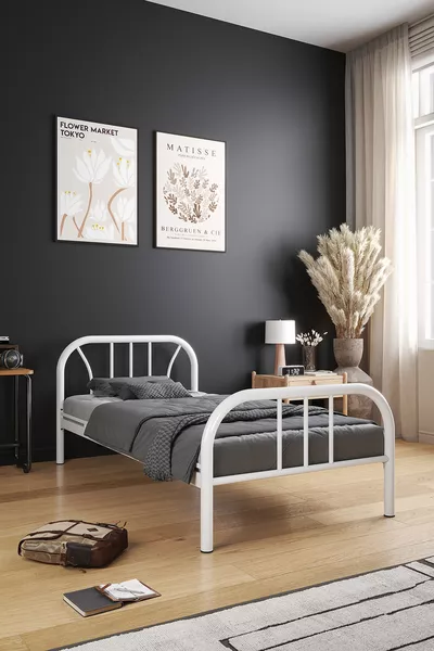 سرير حديدي ملكي أبيض فردي