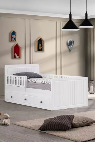 Lit Montessori avec tiroir pour bébé, Lit Montessori Lena avec tiroir - Blanc