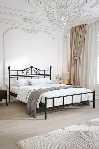 King Ferforje Karyola Siyah Çift Kişilik Metal Yatak , , , 