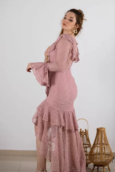 Short Front Long Back Powder Guipure Long Sleeve Dress