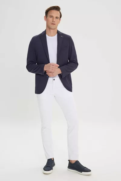 Мужской темно-синий узкий приталенный пиджак с воротником-стойкой для повседневной носки