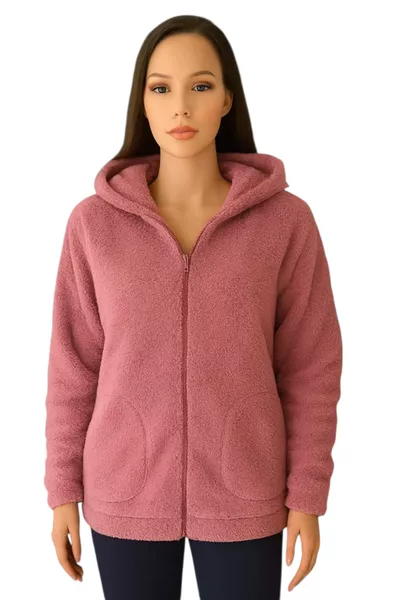Women's Hooded Fleece Plush Powder Pink Jacket Cardigan