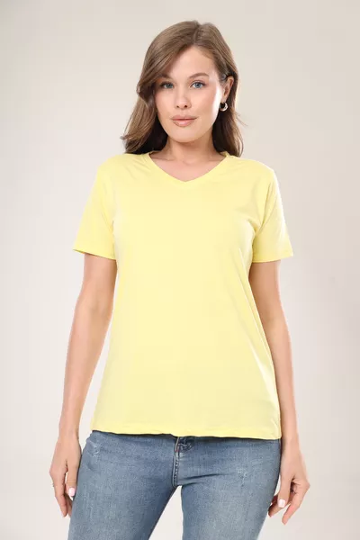 Футболка женская с V-образным вырезом, желтая, супер качество, однотонная, базовая, из органического хлопка, трикотажная