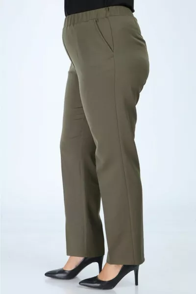 Women's Olive Green Elastic Waist Plus Size Fabric Pants