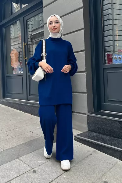 Ensemble pantalon et tunique en tricot à manches ballon et maille métallique