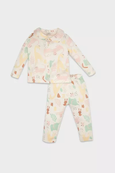 Baby Girl Pajama Set Safari Print Long Sleeve Top with Elastic Waist Bottom NS