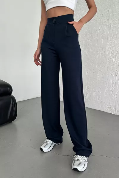 Pantalon Palazzo Femme Bleu Marine Taille Haute Plissé Boutonné Extensible Confortable