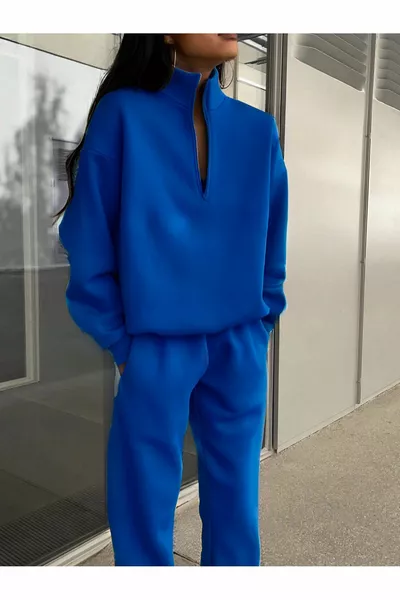 Basic Full-Zip Sweatshirt and Jogger Tracksuit - Sax Blue Oversized Brushed High Collar