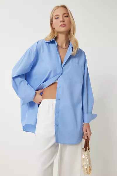 Women's Blue Oversized Long Woven Shirt 