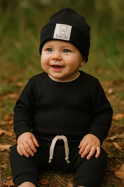 3-teiliges Unisex-Babykleidungsset aus Baumwolle mit Rippstrickmütze