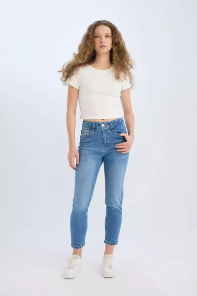 Jean Taille Haute Cheville Lina Comfort Mom Pantalon Décoloré AXNS