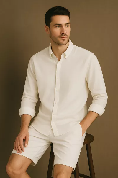 قميص رجالي أبيض بأكمام طويلة واسع مريح - مقاس عادي