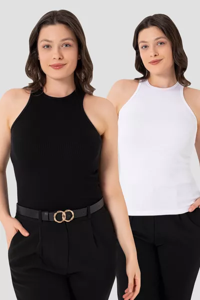 Dames Katoenen Geribbelde Look Halter Nek Basic Zwarte - Witte Tanktop 2-pack