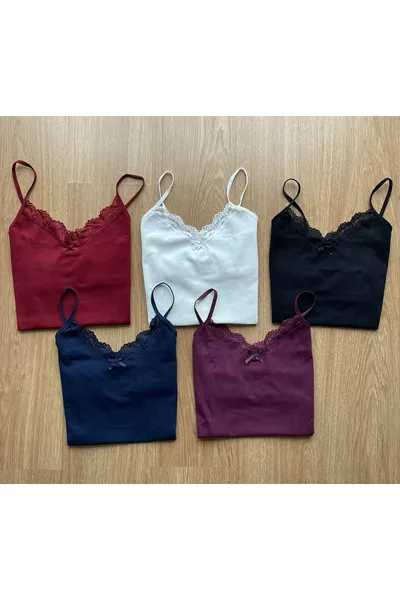 5 Бр. Памучни Потници с Дантела и Презрамки (бордо-екру-черно-тъмна слива-тъмносиньо)