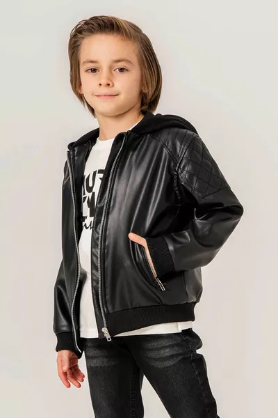 Boys' Leather Jacket with Hood, Pockets, and Zipper