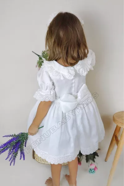 فستان بيبي بنات بأكمام قصيرة وقوس أبيض على اللون الأبيض - كاندي