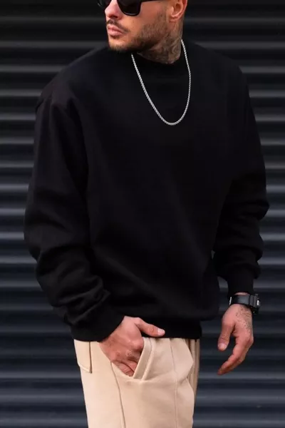 سويت شيرت رجالي واسع بسيط بدون طبعة بلون أسود سادة بياقة دائرية