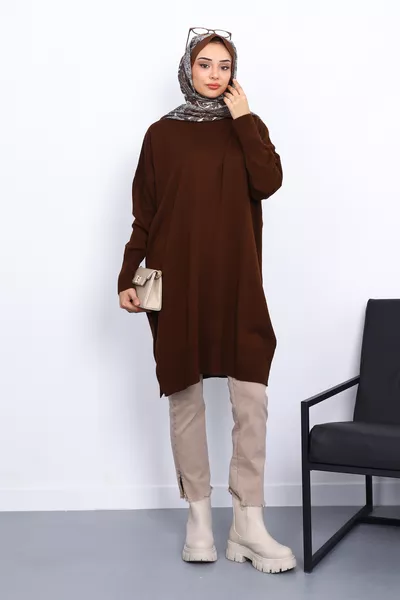 Brown Bike Collar Mercerized Loose Knit Tunic