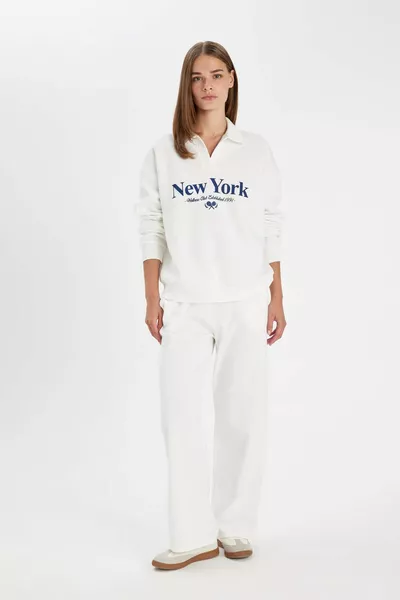 سويت شيرت سميك بولو بياقة مطبوعة مقاس ريلاكس AU