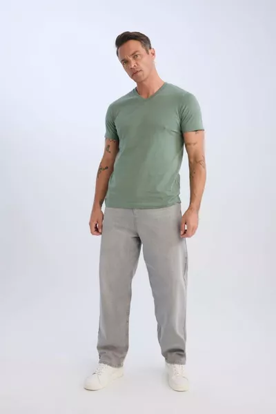 % Cotton Regular Fit V-Neck Basic Plain Short Sleeve T-Shirt SP