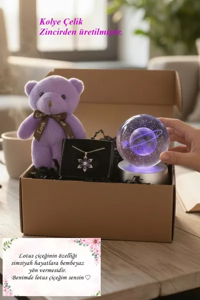 Мишка, кулон с цветком лотоса и камелии и светящаяся стеклянная сфера с темой Сатурна и полнолуния 3D LED, подарок
