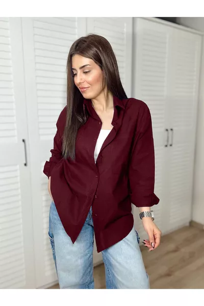 قميص من الكتان القطني ٪ بلون العنابي