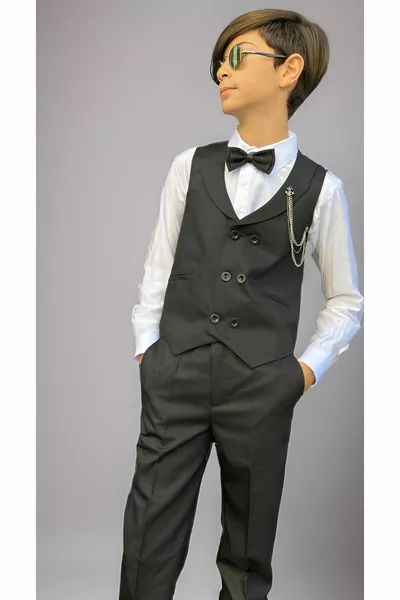 Ensemble garçon costume smoking avec gilet, chemise et nœud papillon, noir