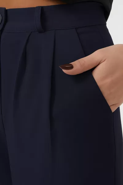 بنطال بالازو عالي الخصر بقماش كسرات نسائي باللون الأزرق الداكن